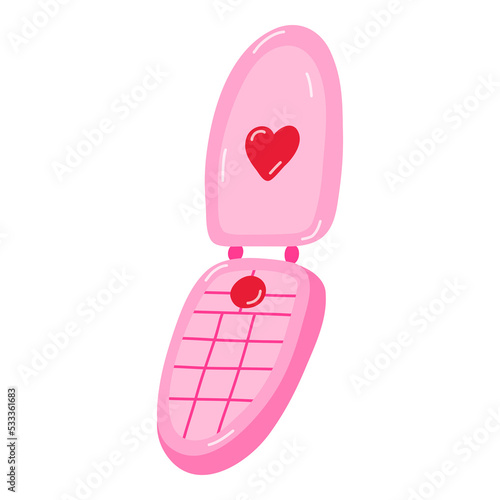 Cute retro flip phone clipart with heart on screen. Valentine's day concept. Prefect for sticker, social media, posters, greeting card. Hand drawn isolated vector illustration of clamshell phone.