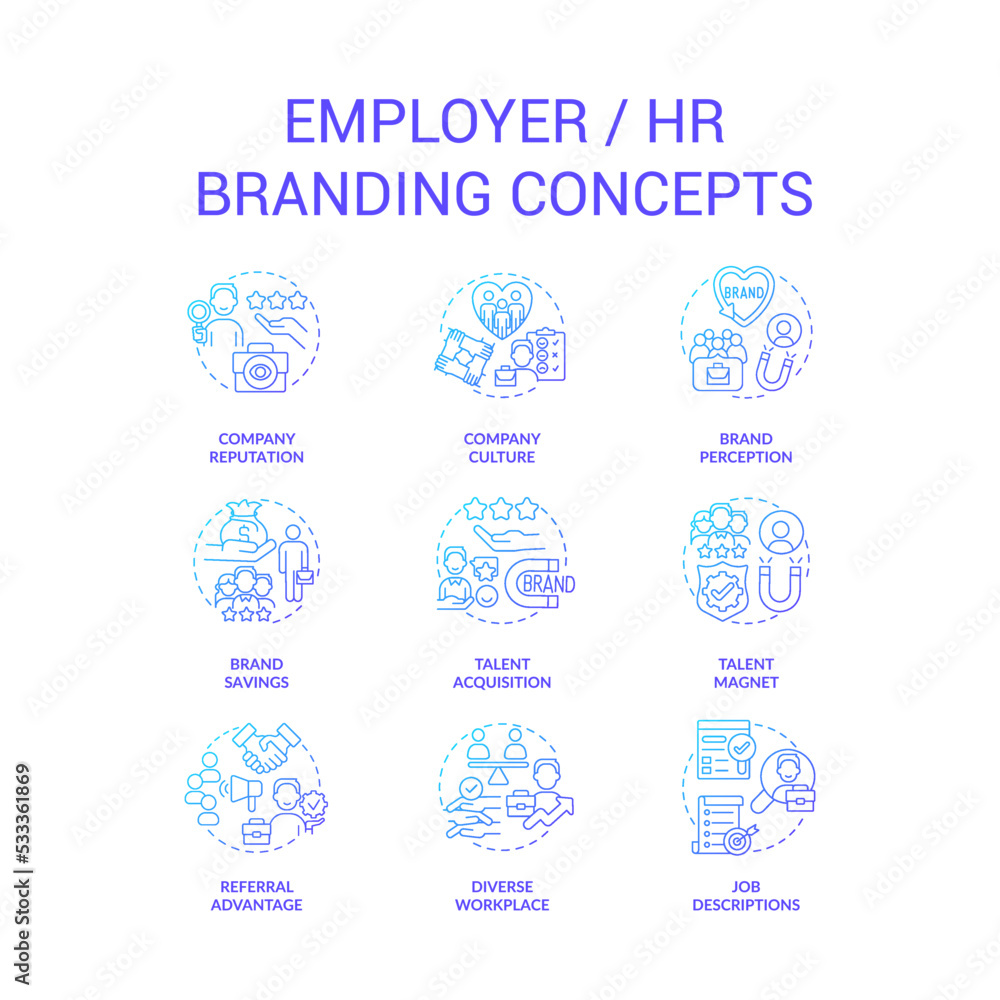 Human resources blue gradient concept icons set. Company values. HR strategy. Recruitment idea thin line color illustrations. Isolated symbols. Roboto-Medium, Myriad Pro-Bold fonts used