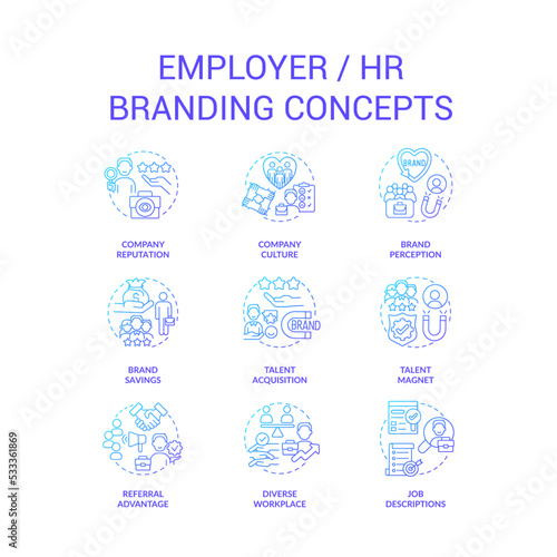 Human resources blue gradient concept icons set. Company values. HR strategy. Recruitment idea thin line color illustrations. Isolated symbols. Roboto-Medium, Myriad Pro-Bold fonts used © bsd studio