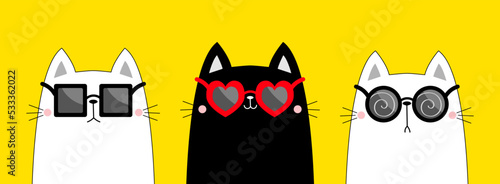 Cat contour outline set wearing sunglass eyeglasses. Round, heart square shape sunglasses. Blue black red lenses. Cute cartoon kawaii funny character. Kitten in eyeglass. Yellow background Flat design