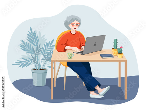 
A woman with gray hair works in the office behind a laptop. Vector illustration isolated on white background. Experienced businesswoman. Stylish elderly woman.