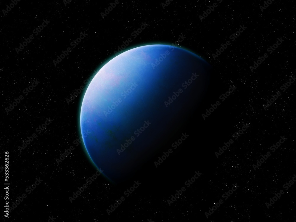 Fototapeta premium Planet isolated in blue tones. Earth-like planet, rocky exoplanet with atmosphere, cosmic wallpaper. Super-earth in outer space.