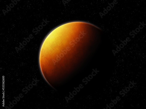 Red planet isolated. Earth-like planet, rocky exoplanet with atmosphere, cosmic wallpaper. Mars-like planet in outer space.