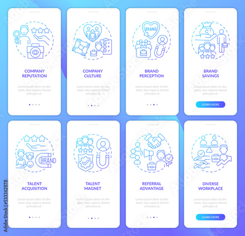 Employer brand advantages blue gradient onboarding mobile app screen. HR walkthrough 4 steps graphic instructions with linear concepts. UI, UX, GUI template. Myriad Pro-Bold, Regular fonts used