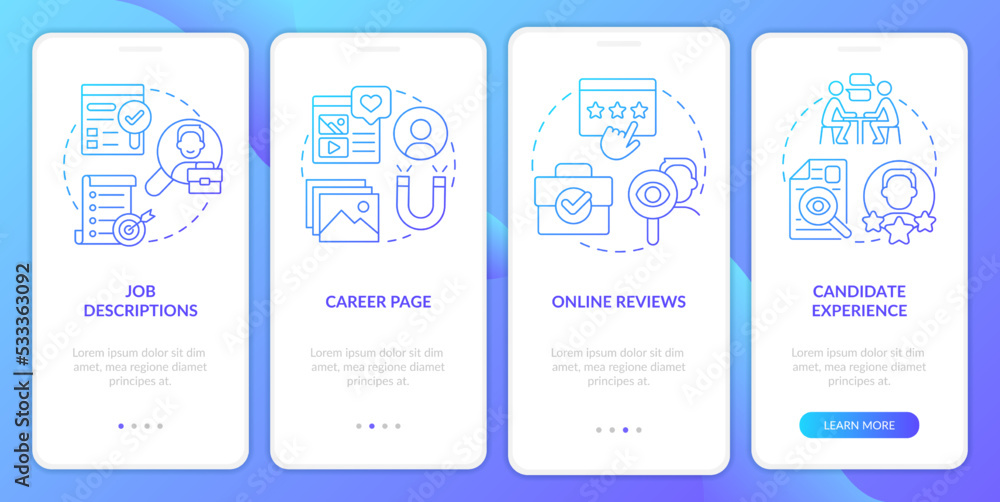Recruitment blue gradient onboarding mobile app screen. Finding talent walkthrough 4 steps graphic instructions with linear concepts. UI, UX, GUI template. Myriad Pro-Bold, Regular fonts used