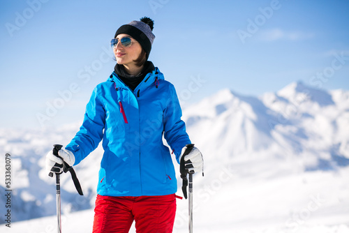 Girl skiing in the Georgian mountains