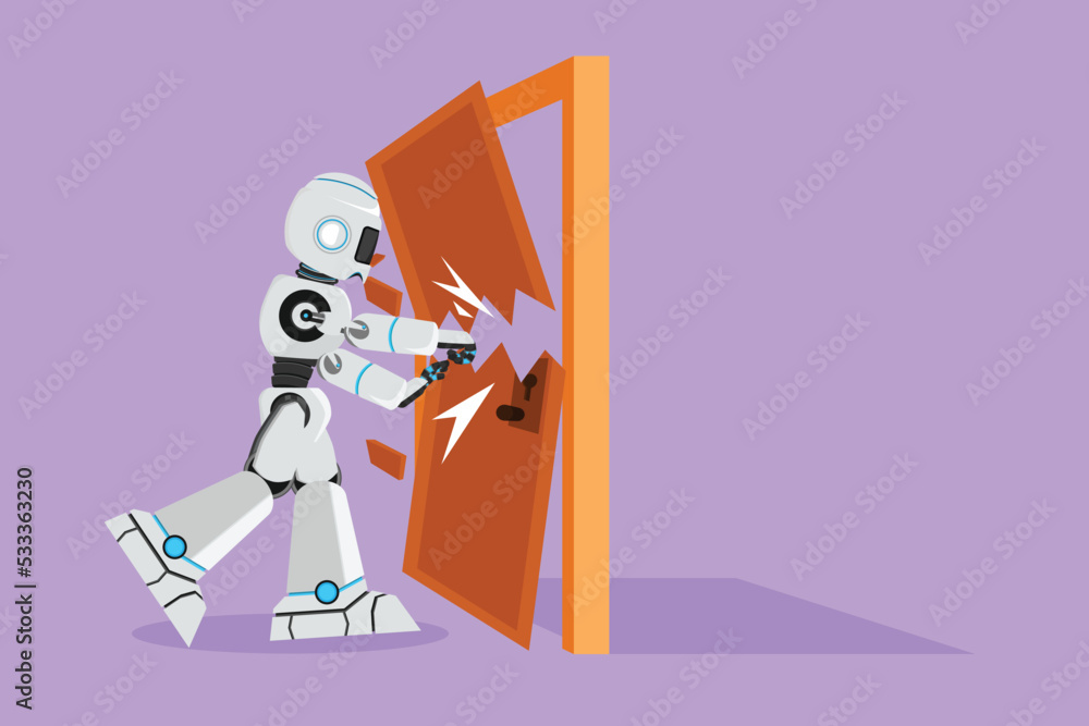 Cartoon flat style drawing robot punching, destroying door. Overcome ...