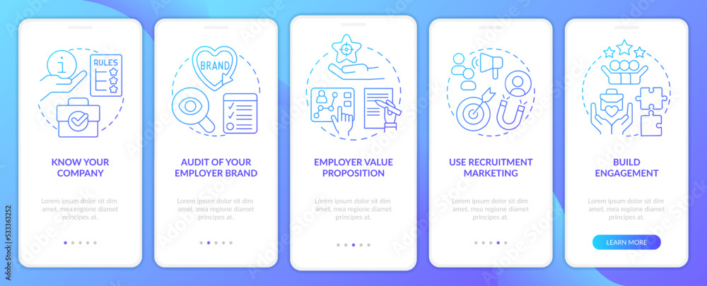 Build HR system blue gradient onboarding mobile app screen. Employer branding walkthrough 5 steps graphic instructions with linear concepts. UI, UX, GUI template. Myriad Pro-Bold, Regular fonts used