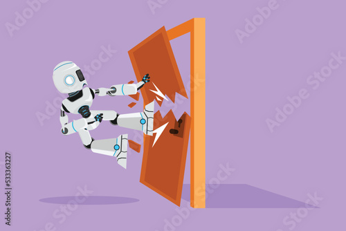 Graphic flat design drawing robot kicks the door with flying kick until door shattered. Business metaphor of overcoming obstacle. Future robot technology development. Cartoon style vector illustration