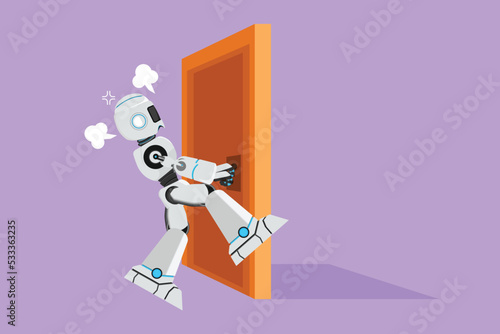 Character flat drawing robot pulling closed door knob with power. Strength for success in competition. Humanoid robot cybernetic organism. Future robot development. Cartoon design vector illustration