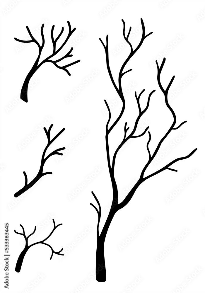 Set of tree branch doodles on a white background. Branches vector, tree. Suitable for illustrations, stickers and books.