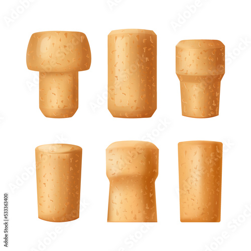 Set cork stopper wooden taps. Wine bung in cartoon. Corkwood plug with grape bunch. Vector illustration on white background