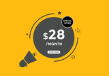 $28 USD Dollar Month sale promotion Banner. Special offer, 28 dollar month price tag, shop now button. Business or shopping promotion marketing concept
