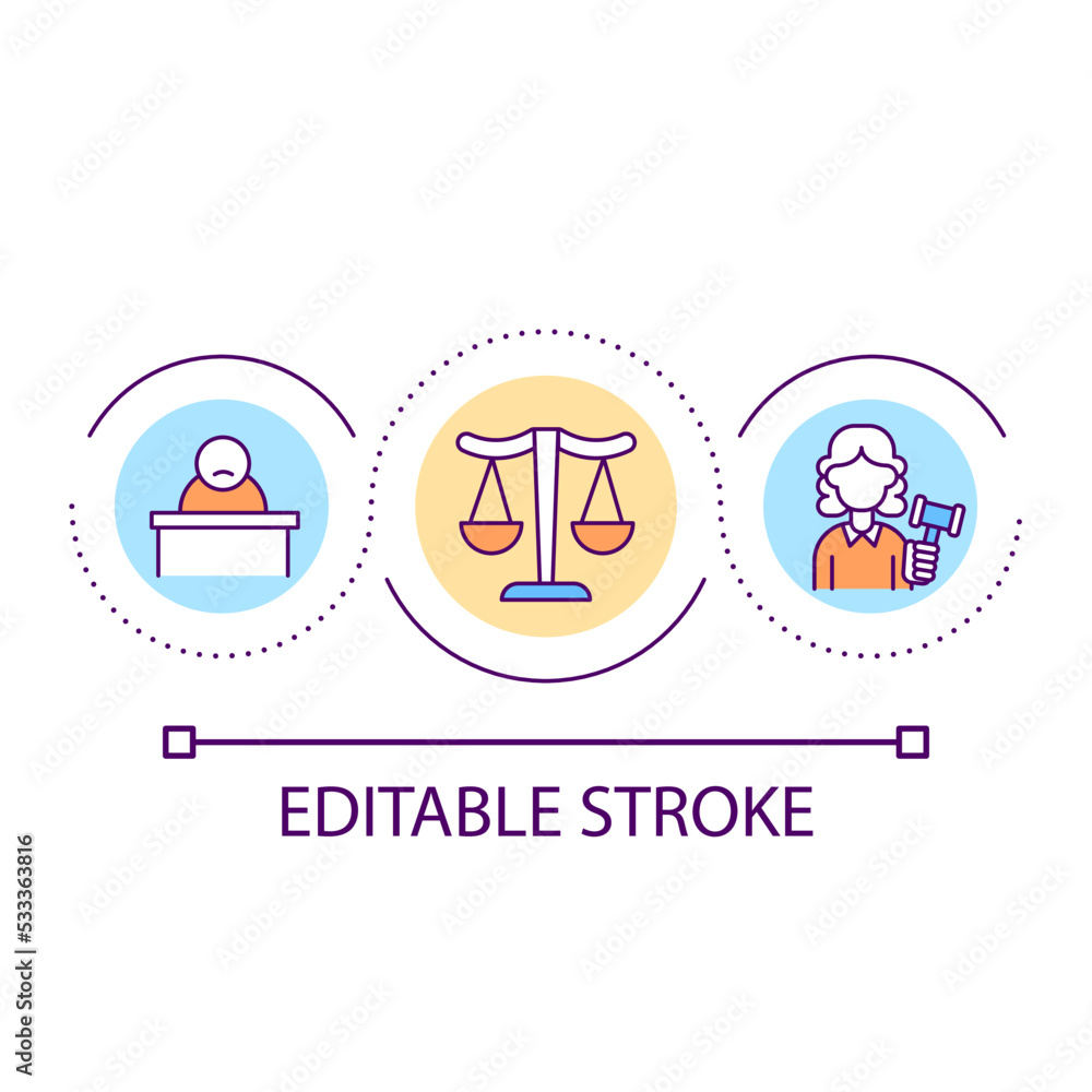 Trial procedure loop concept icon. Conviction of crime. Prosecution and arrest. Judiciary law abstract idea thin line illustration. Isolated outline drawing. Editable stroke. Arial font used