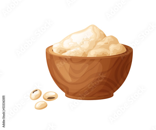 Soy flour in wooden bowl with seeds. Healthy gluten free food. Powde in organic product. Vector illustration isolated on white background