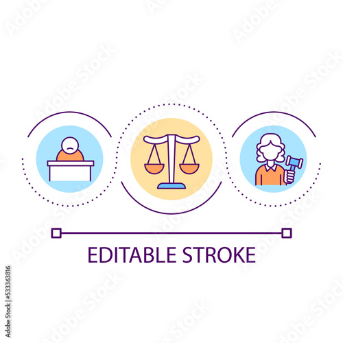 Trial procedure loop concept icon. Conviction of crime. Prosecution and arrest. Judiciary law abstract idea thin line illustration. Isolated outline drawing. Editable stroke. Arial font used