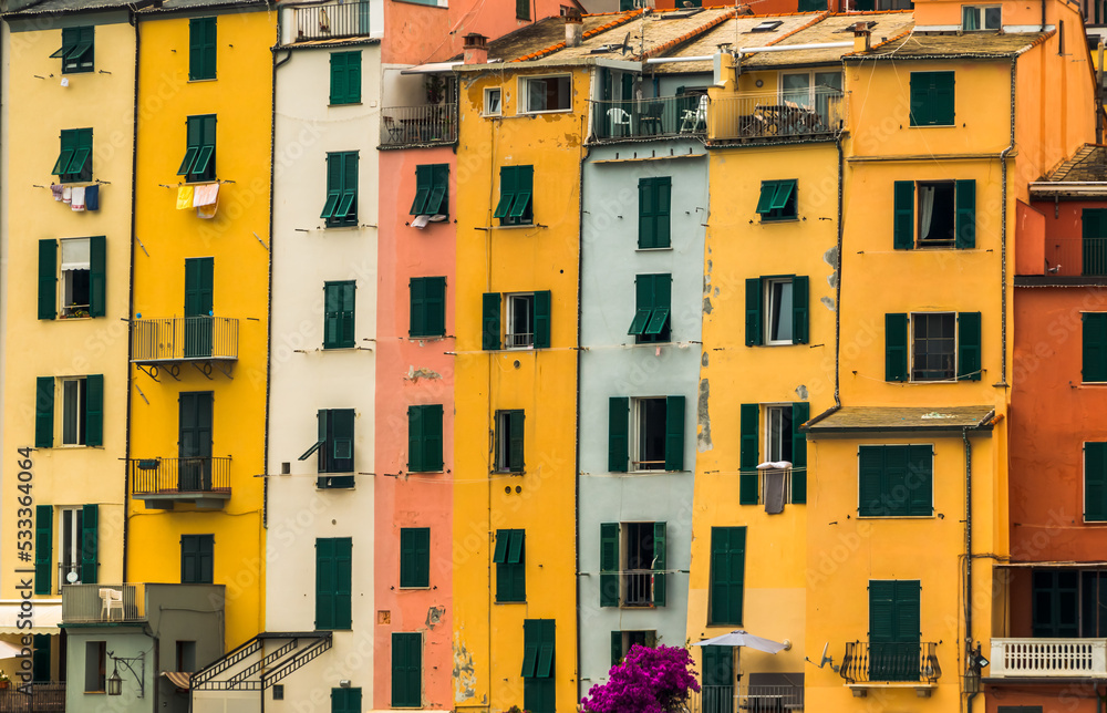 Typical Colorful Houses, Town of Portovenere from the harbor, Cinque Terre Liguria Italy Close-Up
