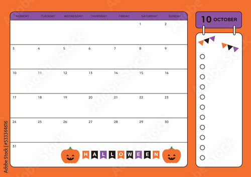 October 2022 calendar design template with Halloween party concept with garland with 'Halloween' written on it and cute pumpkin character.