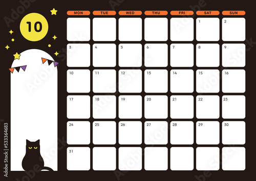 October 2022 calendar design template in Halloween party concept with moon and stars at night and cute cat character.