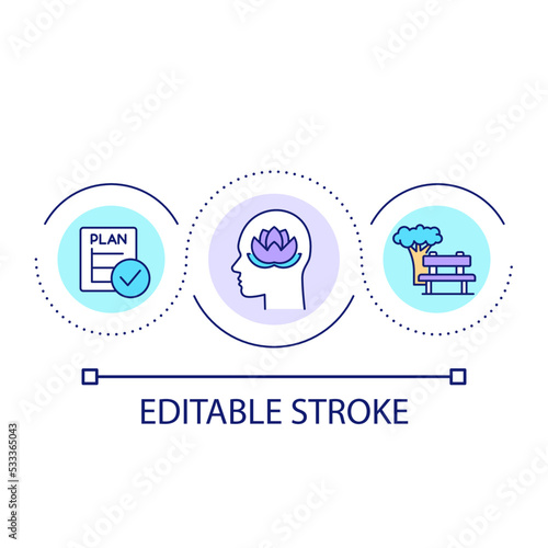 Meditation loop concept icon. Mental health care. Personal development plan. Mindfulness abstract idea thin line illustration. Isolated outline drawing. Editable stroke. Arial font used