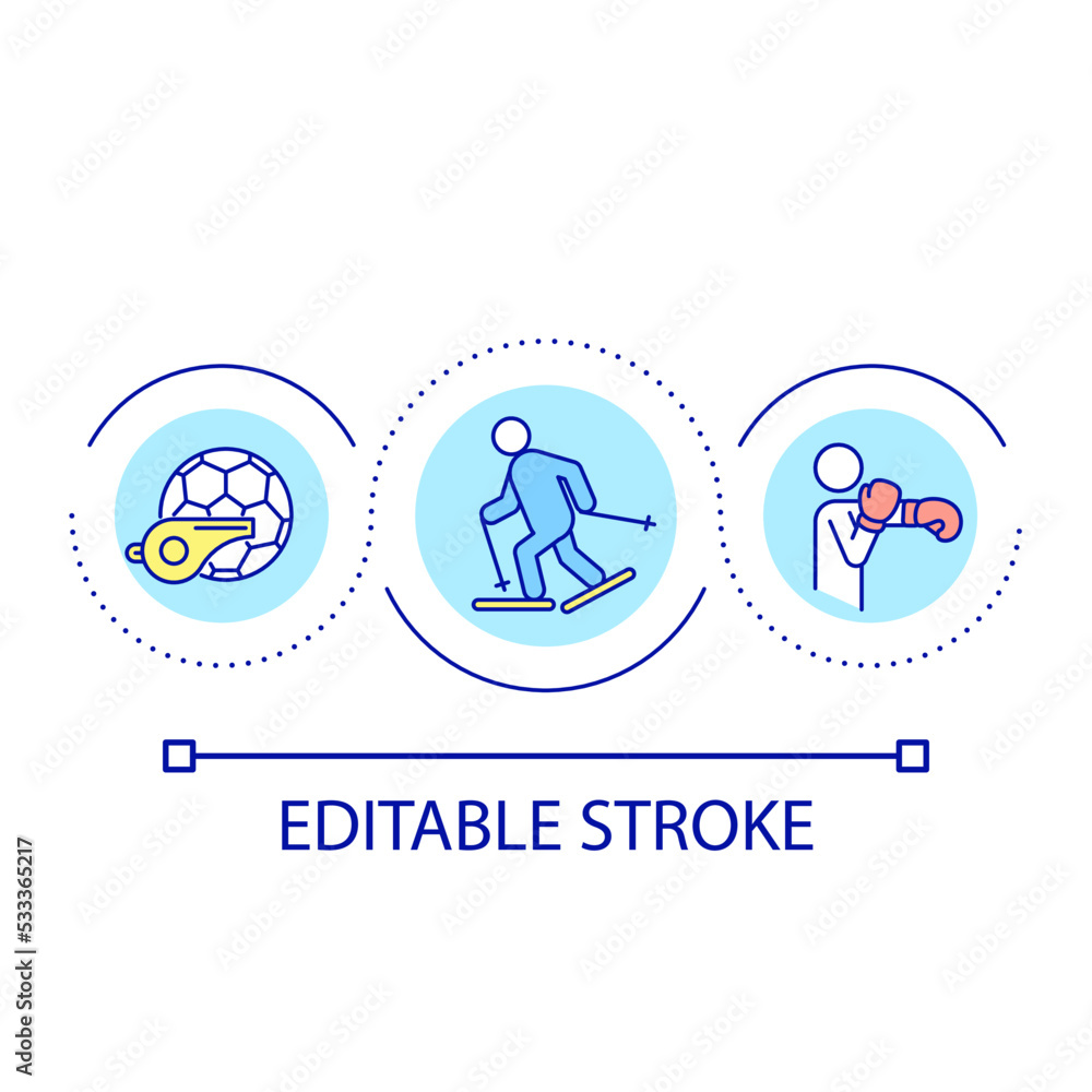 Sport loop concept icon. Leisure activities. Hobby and interest. Active and healthy lifestyle abstract idea thin line illustration. Isolated outline drawing. Editable stroke. Arial font used Sport loop concept icon. Leisure activities. Hobby and interest. Active and healthy lifestyle abstract idea thin line illustration. Isolated outline drawing. Editable stroke. Arial font used