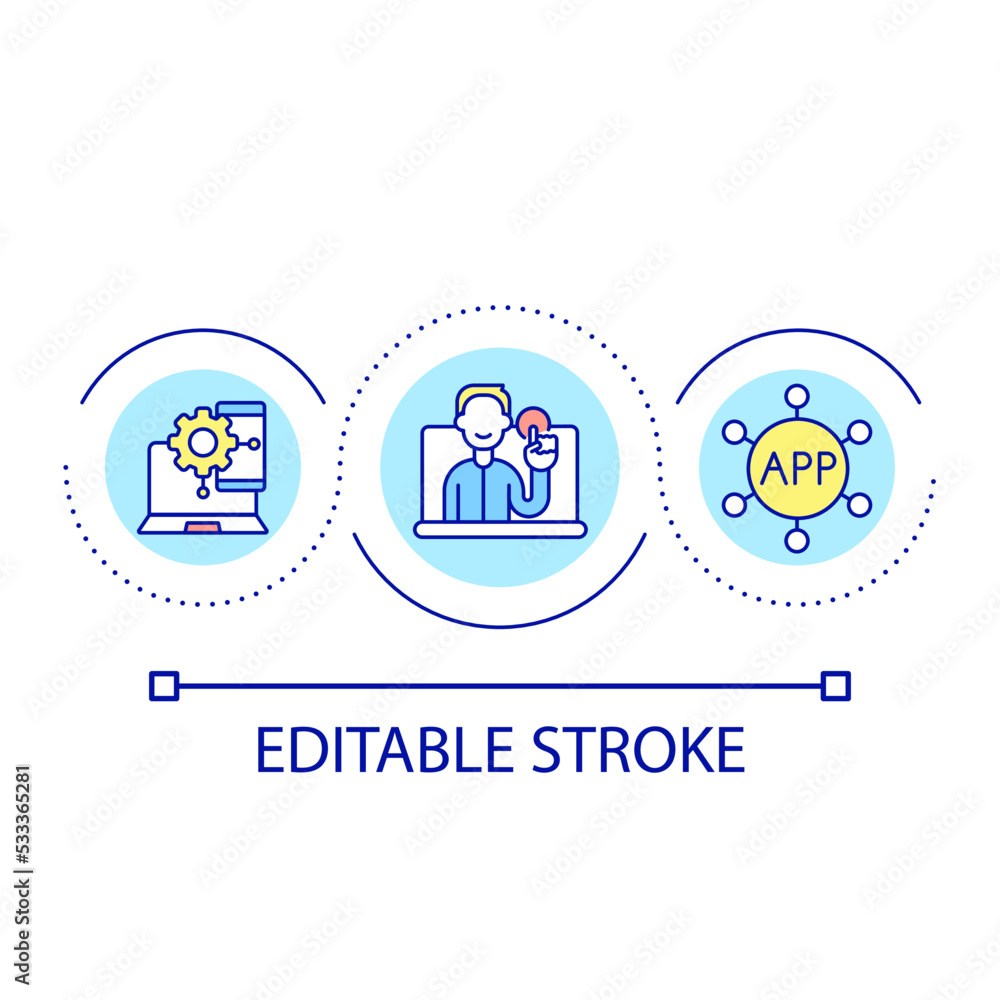 App development instructional video loop concept icon. Online learning. Educational content abstract idea thin line illustration. Isolated outline drawing. Editable stroke. Arial font used App development instructional video loop concept icon. Online learning. Educational content abstract idea thin line illustration. Isolated outline drawing. Editable stroke. Arial font used
