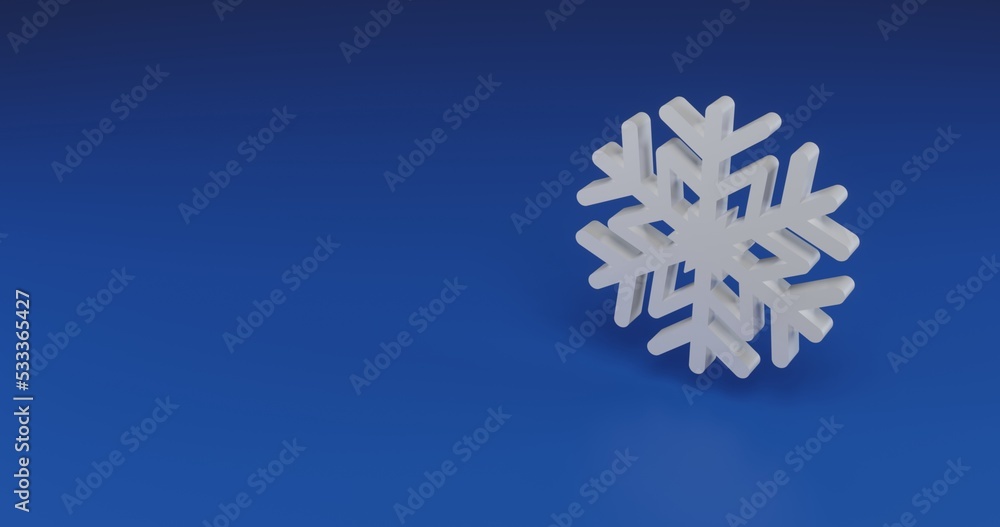 Isolated realistic white snowflake symbol with shadow. Located on the right side of the scene. 3d illustration on blue background Isolated realistic white snowflake symbol with shadow. Located on the right side of the scene. 3d illustration on blue background