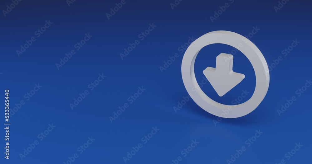 Isolated realistic white download symbol with shadow. Located on the right side of the scene. 3d illustration on blue background Isolated realistic white download symbol with shadow. Located on the right side of the scene. 3d illustration on blue background