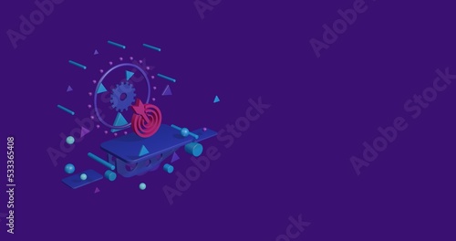 Pink goal symbol on a pedestal of abstract geometric shapes floating in the air. Abstract concept art with flying shapes on the left. 3d illustration on deep purple background