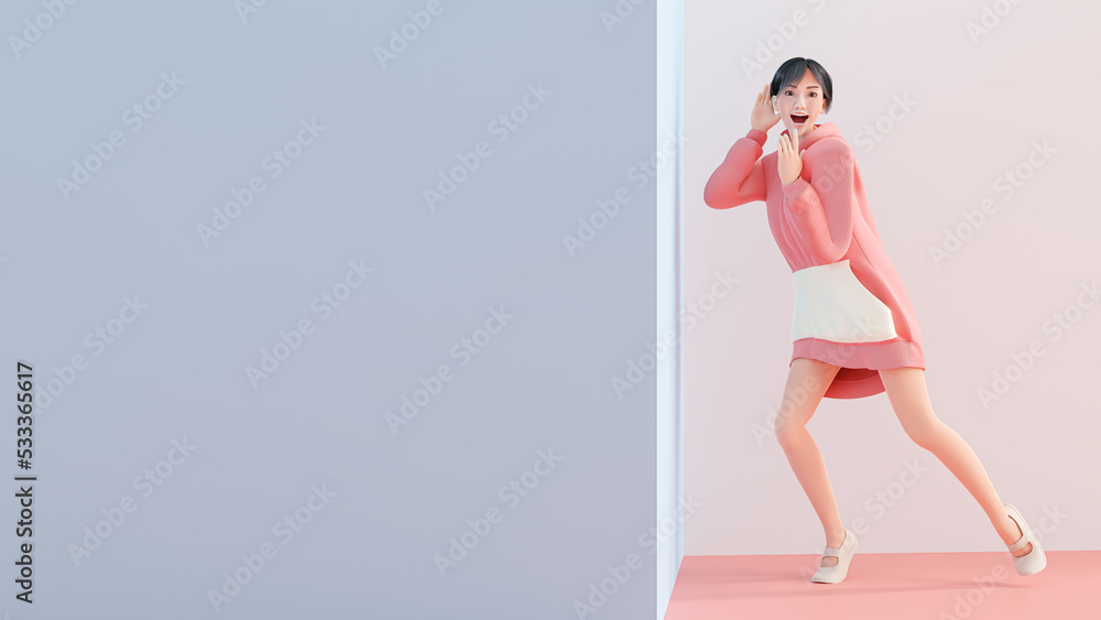 Woman wearing pink hoodie is eavesdrop. She was amazed by what she heard. Space side area for your text and banner design. Designed in minimal and pastel color background. 3D render. Woman wearing pink hoodie is eavesdrop. She was amazed by what she heard. Space side area for your text and banner design. Designed in minimal and pastel color background. 3D render.