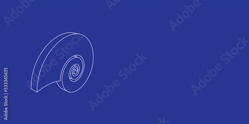 The outline of a large marine nautilus symbol made of white lines on the left. 3D view of the object in perspective. Vector illustration on indigo background