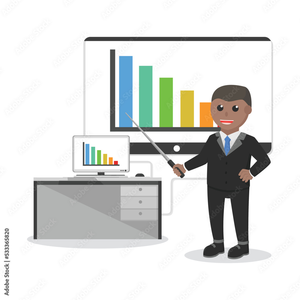 businessman african proud to showing company bar charts design character on white background businessman african proud to showing company bar charts design character on white background