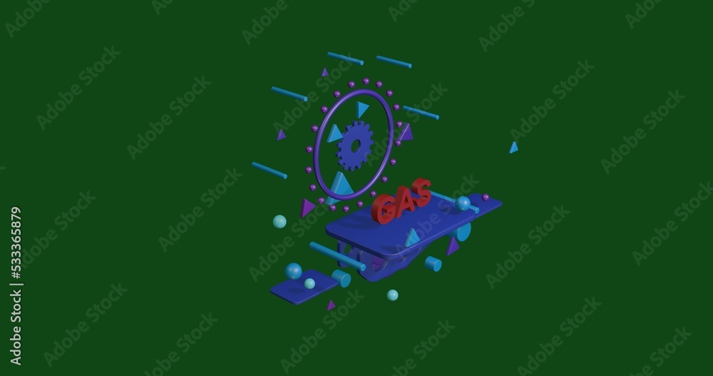 Red gas text symbol on a pedestal of abstract geometric shapes floating in the air. Abstract concept art with flying shapes in the center. 3d illustration on green background Red gas text symbol on a pedestal of abstract geometric shapes floating in the air. Abstract concept art with flying shapes in the center. 3d illustration on green background