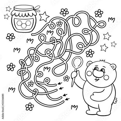 Maze or Labyrinth Game. Puzzle. Tangled road. Coloring Page Outline Of cartoon little bear and honey. Coloring book for kids.