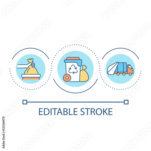 Household waste storage loop concept icon. Kerbside collection. Throwing out garbage. Trash container abstract idea thin line illustration. Isolated outline drawing. Editable stroke. Arial font used