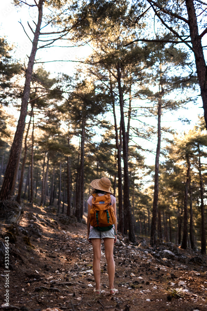 A woman with a backpack and a straw hat on a mountain path A woman with a backpack and a straw hat on a mountain path