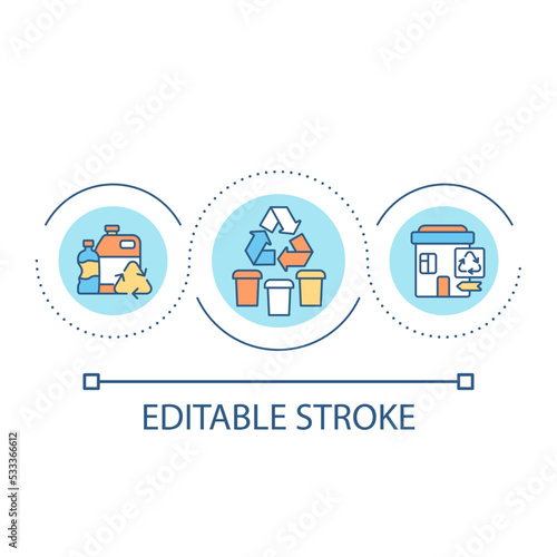 Waste segregation loop concept icon. Household garbage separation and sorting. Trash management abstract idea thin line illustration. Isolated outline drawing. Editable stroke. Arial font used