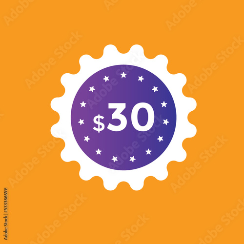 Monthly 30 Dollar price tag or sticker. thirty dollars sales tag. shopping promotion marketing concept. sale promotion Price Sticker Design
