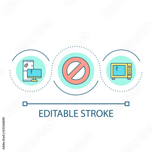 Electronic waste recycling loop concept icon. E waste reprocessing. Broken home appliances abstract idea thin line illustration. Isolated outline drawing. Editable stroke. Arial font used