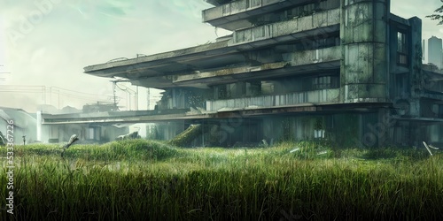 Architecture of the future  a ruined city overgrown with greenery. Concept art  idea for inspiration.