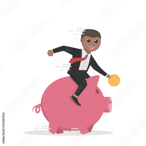 businessman african riding piggy bank design character on white background