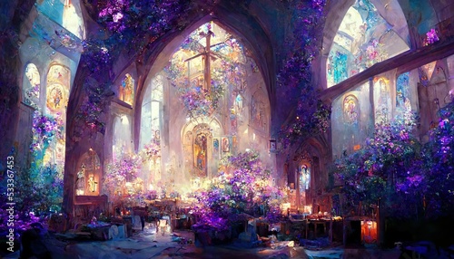 Church. Fantasy. filled with flower. Concept Art Scenery. Digital art. Illustration. CG Artwork Background.