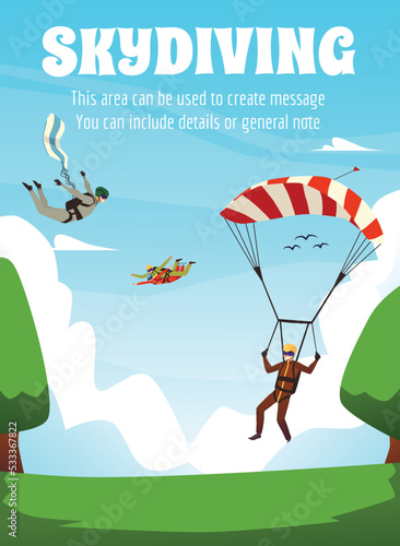Skydiving sport recreational activity card layout, flat vector illustration.