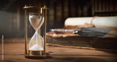 sand running through the hourglass on old wooden table with vintage books and quill pen. time is ticking photo