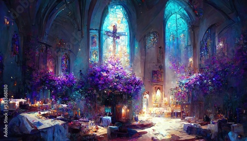 Church. Fantasy. filled with flower. Concept Art Scenery. Digital art. Illustration. CG Artwork Background.