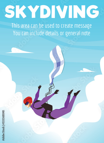 Skydiving advertising poster or banner design flat cartoon vector illustration.