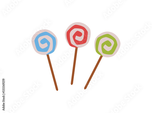 Set of lollipop sweet twisted caramel candies flat vector illustration isolated.