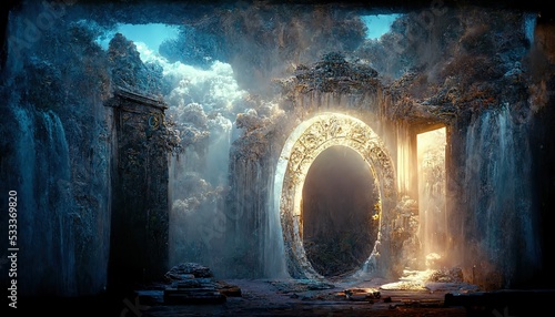 Against the background of heavy clouds, a luminous portal to another dimension opens. 3D rendering