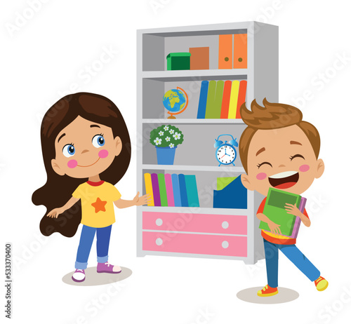 cute happy friends in front of bookshelf