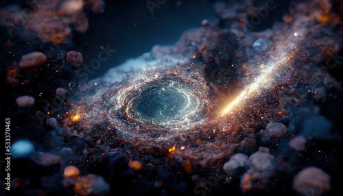 A space hole with bright light and asteroids around it. 3d illustration